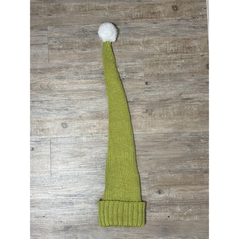 New Hand Knitted Bright Green Acrylic Faux Christmas Cap Hat W/ PomPom Adult